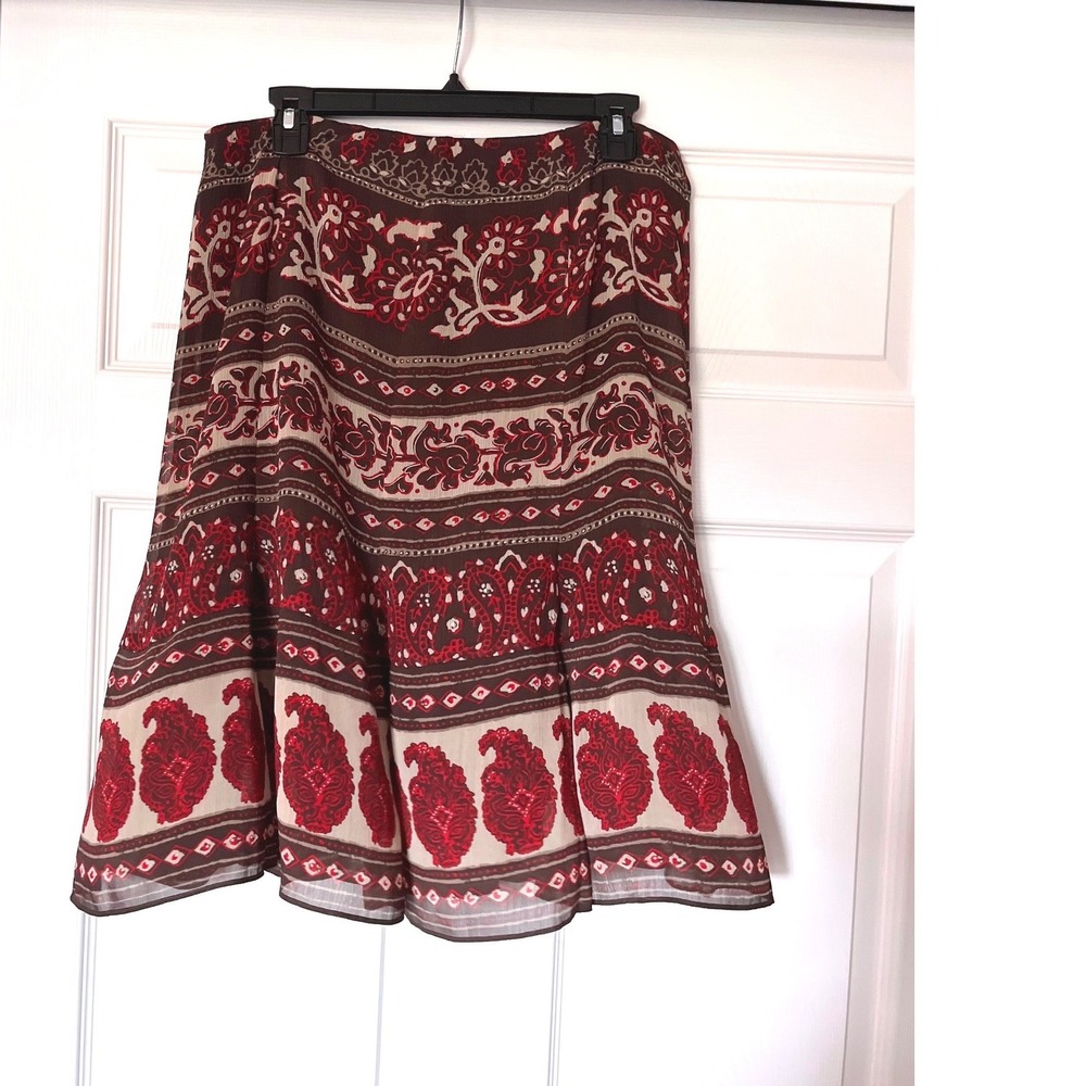 Jones Wear Petite Brown Red Paisley Floral A-Line Skirt Size 12P Lined Georgette